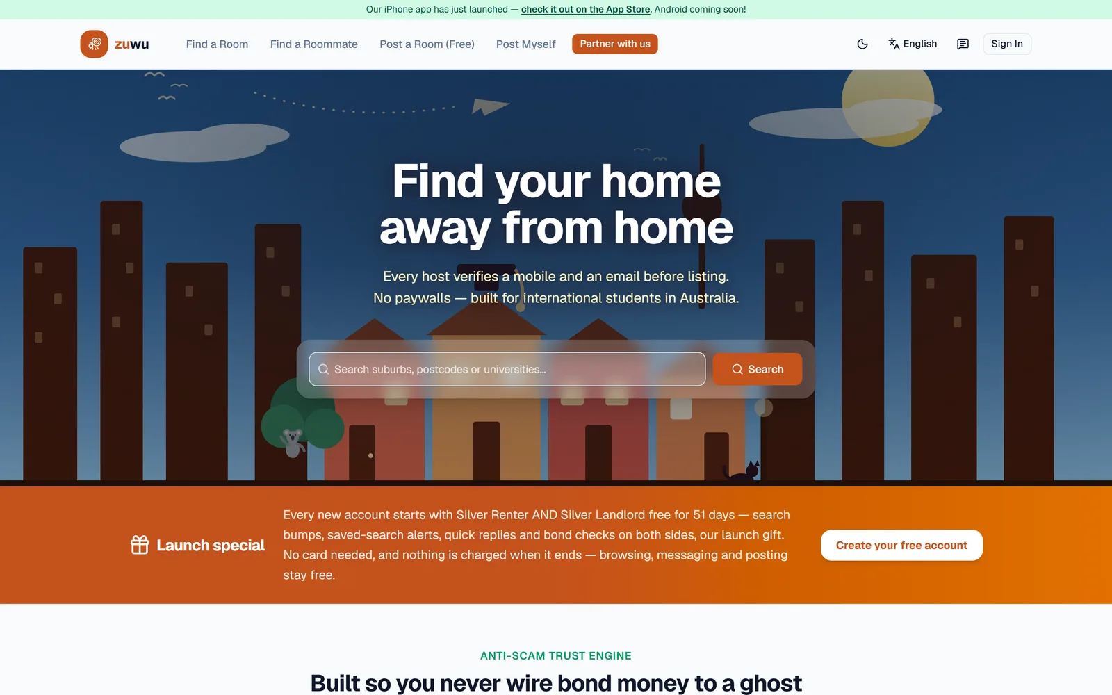 Zuwu home page on desktop: “Find your home away from home” above a suburb search bar, with a verified-hosts message and the iPhone app announcement.