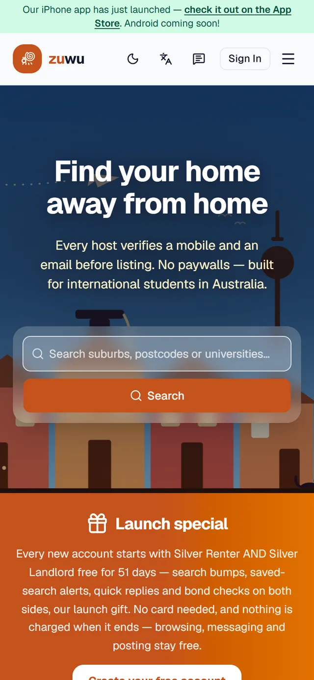 Zuwu on a phone: the search screen with suburb, postcode and university search.